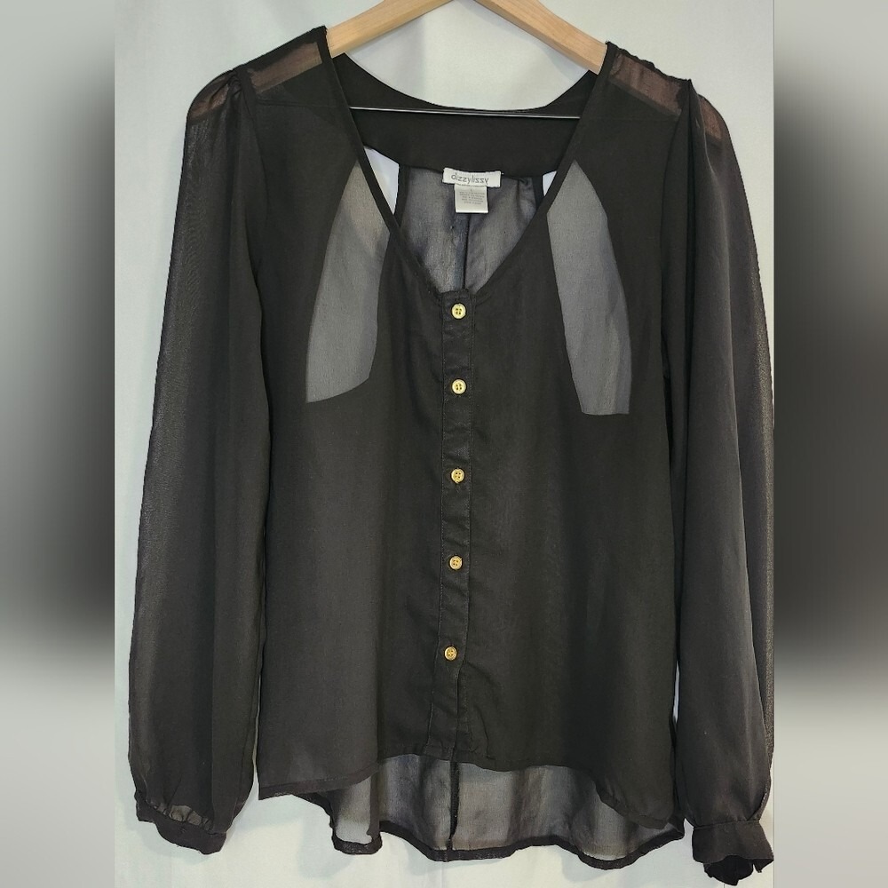 Black Sheer Chiffon Cutout Top Womens Large Witchy Going Out Whimsigoth Rave - Picture 8 of 8